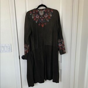 Johnny Was Embroidered Long Sleeve suede duster green, size XS